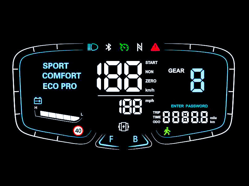 A close-up of a digital dashboard on an electric motorbike, featuring speed, gear, mode (Sport, Comfort, Eco Pro), and Bluetooth connectivity indicators, designed for modern and efficient rides.
