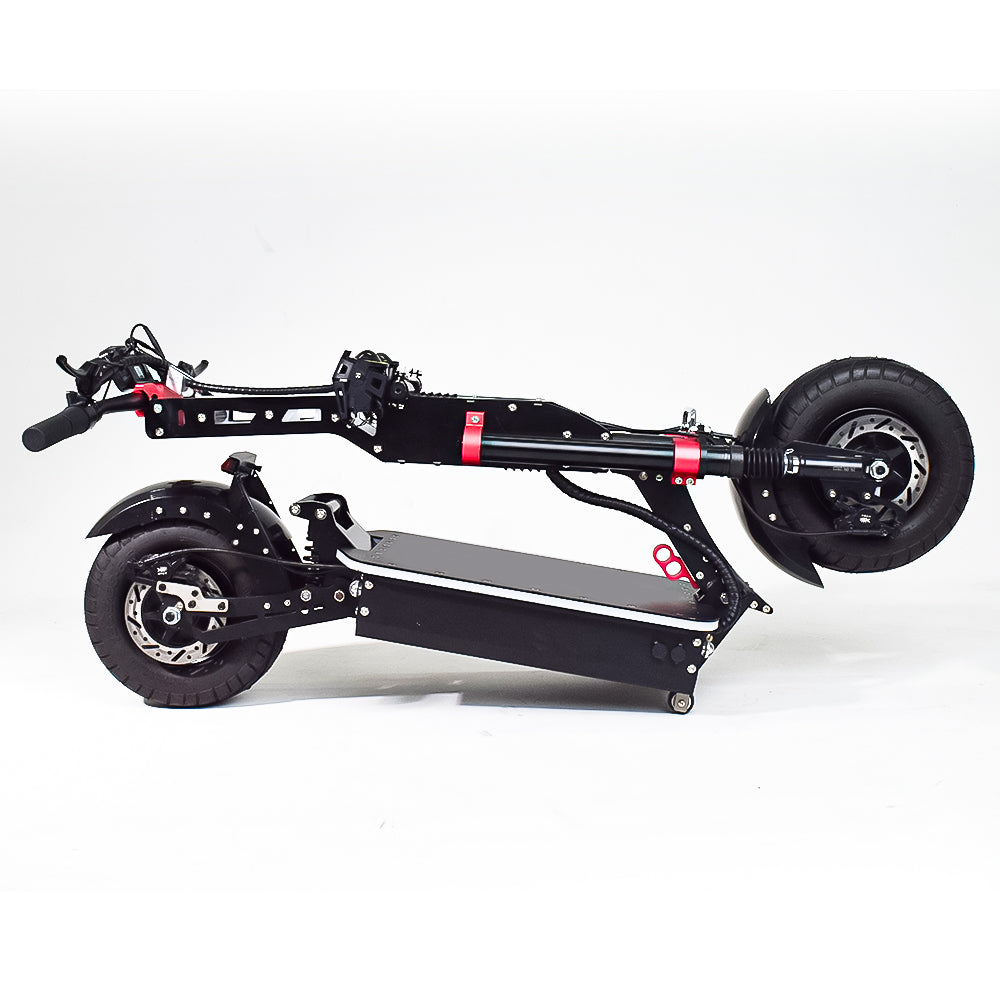 An off-road electric scooter folded neatly, showcasing its portability and compact design, ideal for easy storage and transport.