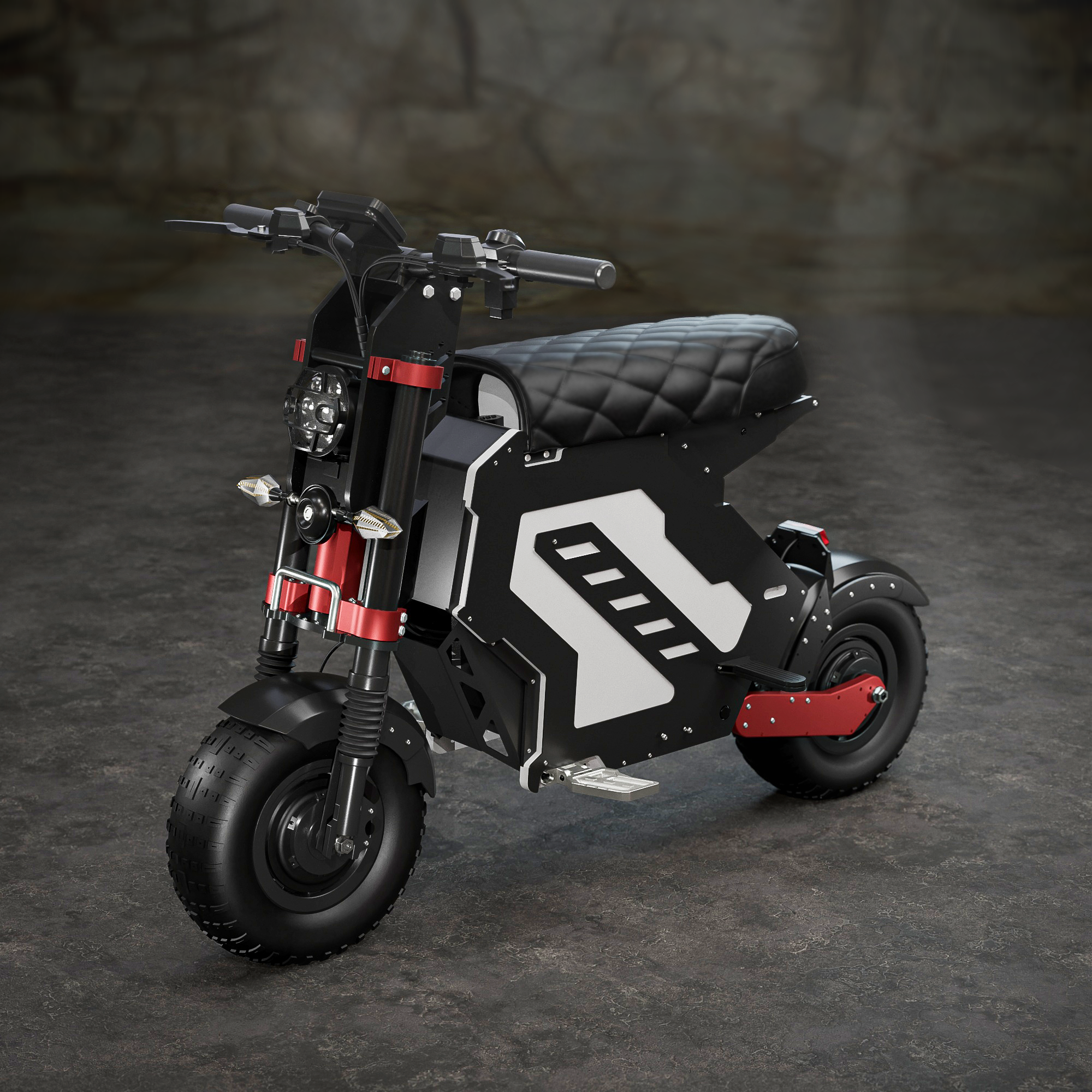 A studio presentation of a mini electric motorcycle designed for off-road use, showcasing its robust tires and sleek design with red accents and a quilted seat, set against a dark textured background.