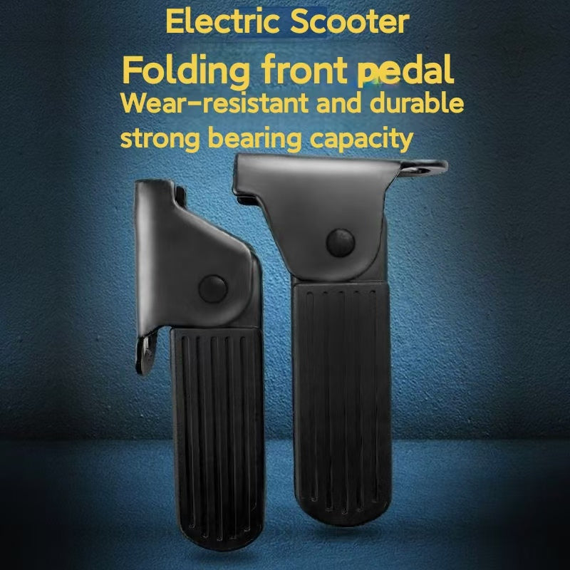 The folding front pedal of the electric scooter, the characteristics of the pedal: "The folding front pedal of the electric scooter is wear-resistant and durable, with strong carrying capacity. The portability of the folding electric scooter ensures the safety and convenience of the rider.