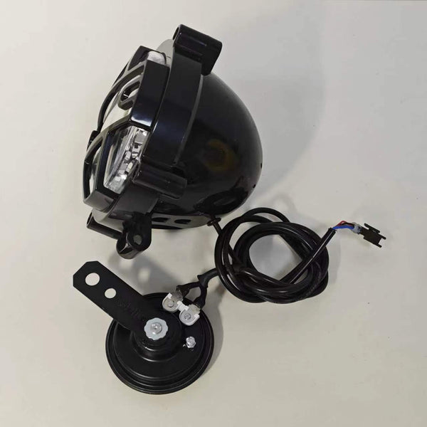 Electric motorcycle headlight and horn assembly, including wiring and mounting hardware. A horn is attached to the side to effectively warn pedestrians and other vehicles. This assembly is versatile and can be easily installed on a variety of electric motorcycles to enhance safety and functionality.
