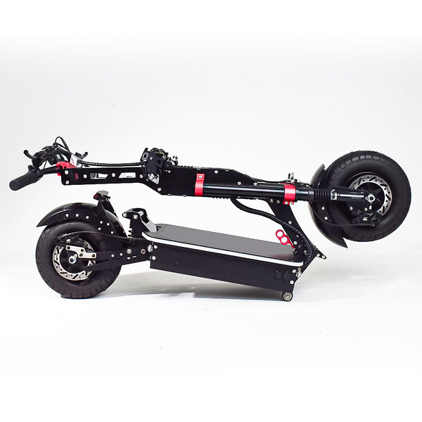 An off-road electric scooter folded neatly, showcasing its portability and compact design, ideal for easy storage and transport.
