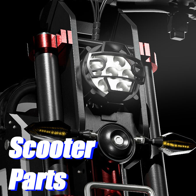 A front view of an electric scooter showcasing a robust lighting system, including a powerful headlamp and directional indicators, suitable for night rides and off-road adventures.