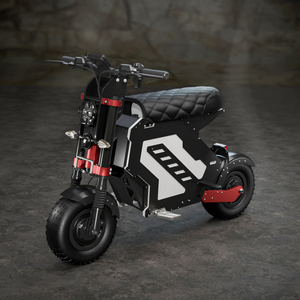A studio presentation of a mini electric motorcycle designed for off-road use, showcasing its robust tires and sleek design with red accents and a quilted seat, set against a dark textured background.