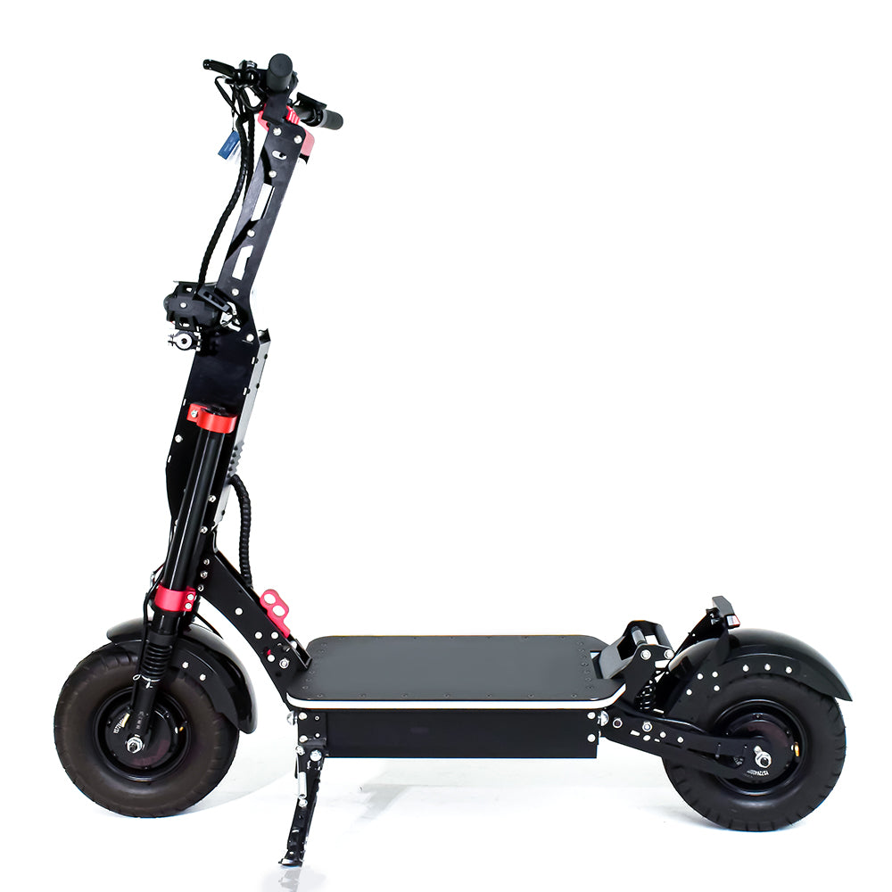  A side profile of a black off-road electric scooter, highlighting its rugged build, large deck, and thick tires. The scooter is designed for both urban and off-road use.