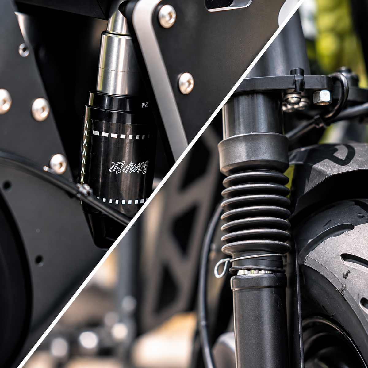 Close-up of Molo5 front and rear suspension
